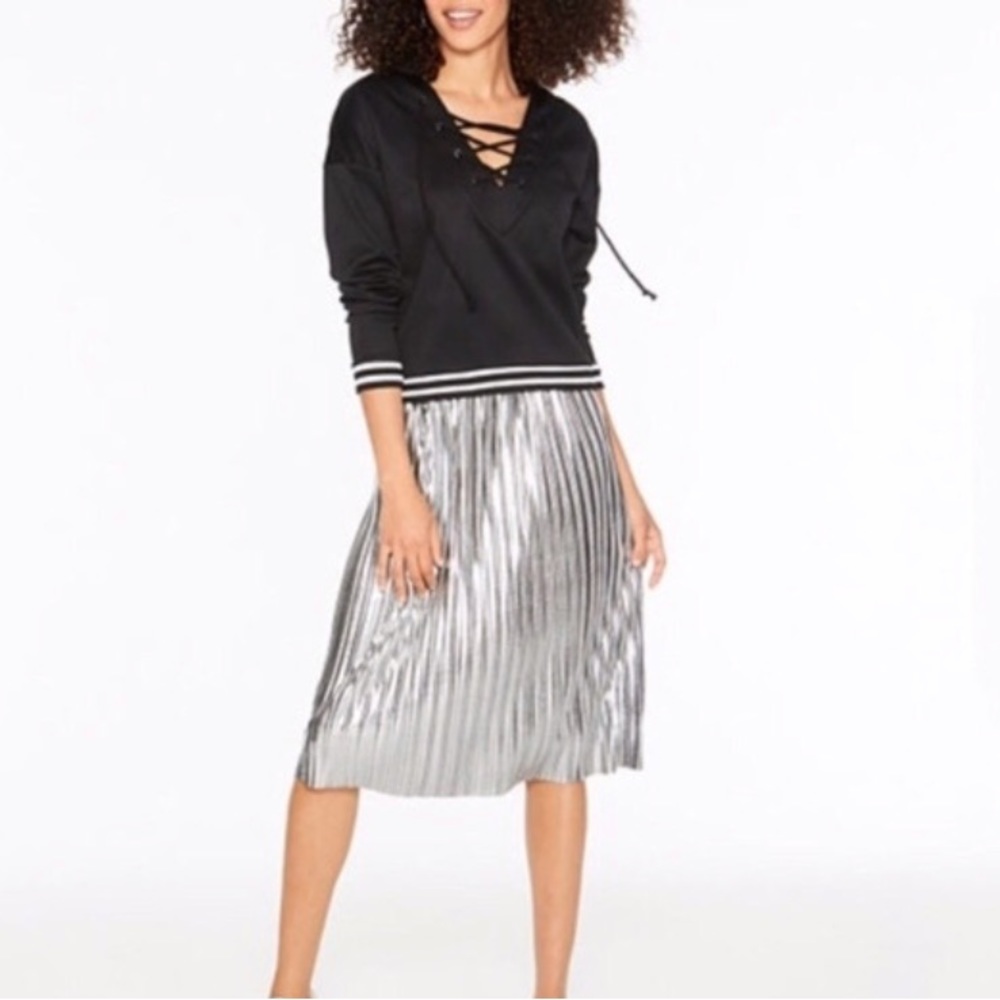 Project RUNWAY Skirt L Metallic Silver Foil Lamé Pleating Erin Robertson sz L